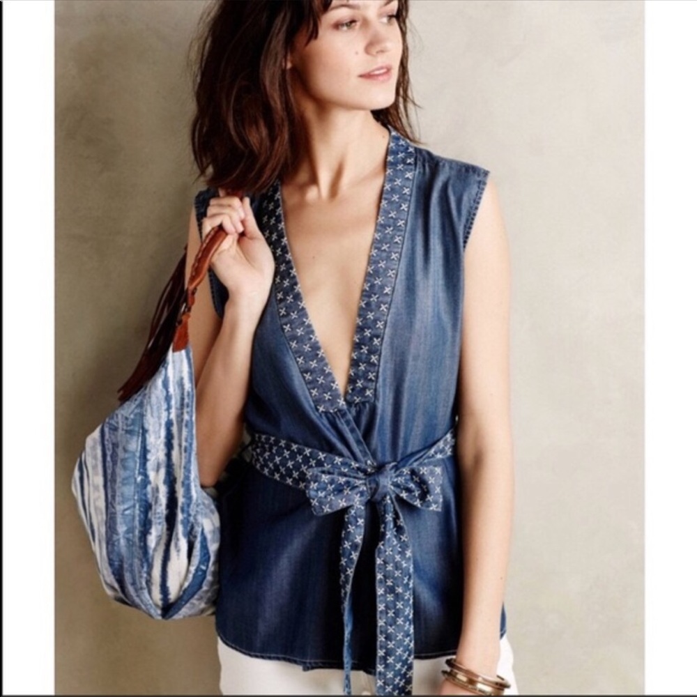 Anthropologie Holding Horses Chambray Wrap Top - Small